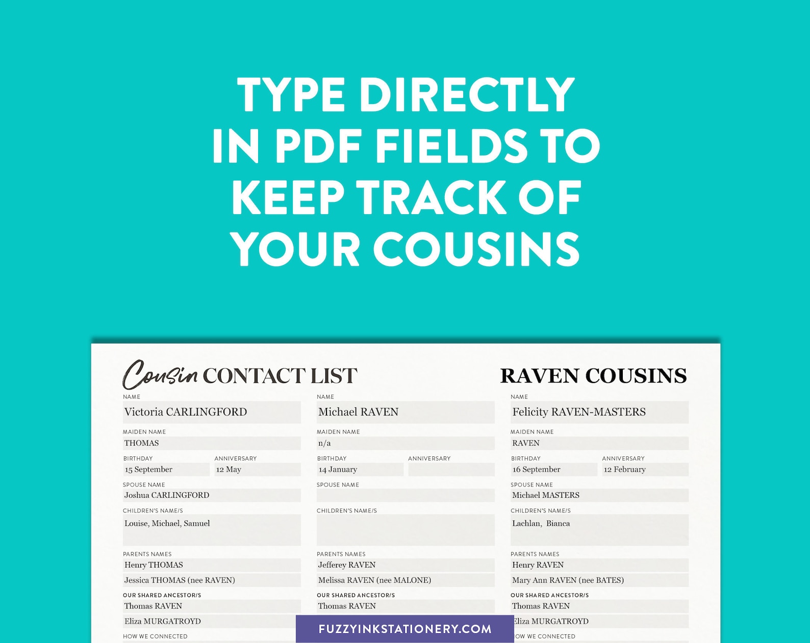 Cousin Contact List Printable PDF or Editable Form A4 or US Etsy