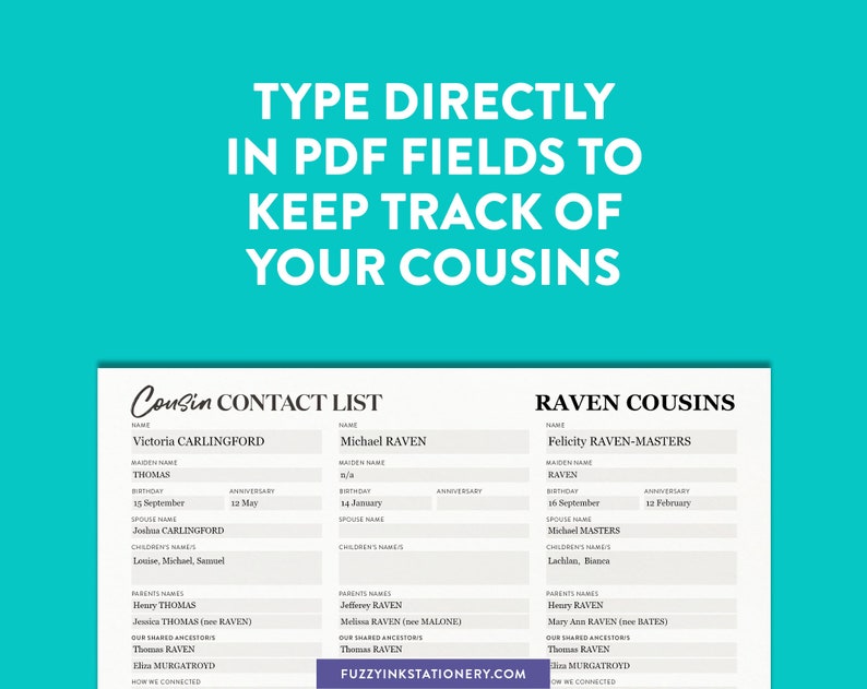 Cousin contact list printable PDF or editable form A4 or US Etsy