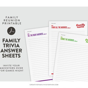 Family trivia answers sheet printable for family reunion party games, create your genealogy game, instant download