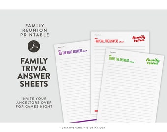 Family trivia answers sheet printable for family reunion party games, create your genealogy game, instant download