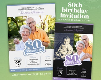 Keepsake 80th Birthday invitation template for Google Slides to help celebrate your milestone event | Instant Download