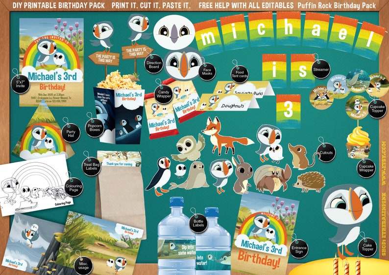 Puffin Rock Printable Birthday Party Pack DIY Print. Cut. - Etsy Nederland