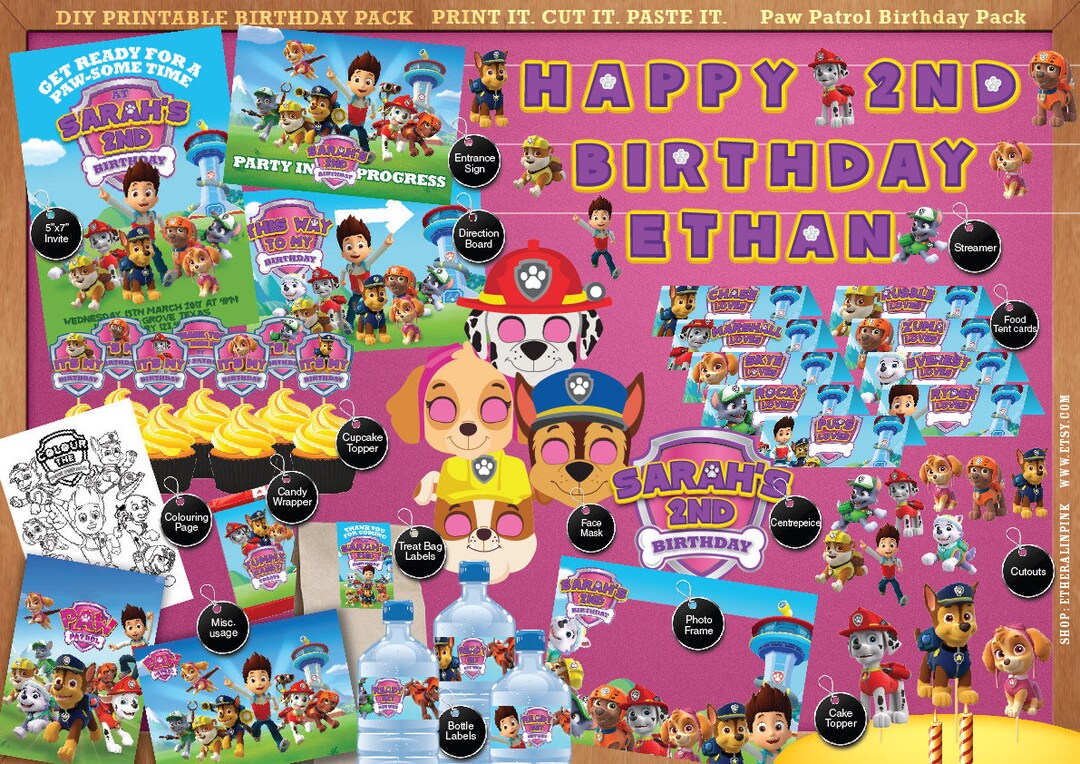 PINK Paw Patrol Printable Birthday Party Pack DIY Print. - Etsy