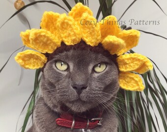 Padrão de crochê 069 - Chapéu de girassol de gato, chapéu de girassol de cachorro pequeno, fantasias de flores para animais de estimação, fantasia de gato de Halloween, chapéus para gatos