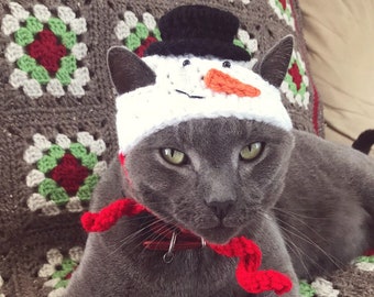 かぎ針編みパターン 068 - 猫の雪だるま帽子、クリスマス猫コスチューム、かぎ針編みの雪だるま帽子、猫用クリスマス帽子、犬用雪だるま帽子、猫用サンタ帽子