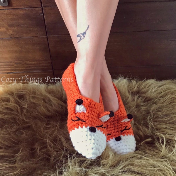 Crochet pattern #067 - Women Fox slippers, Crochet Fox booties, Women crochet shoes - pdf tutorial