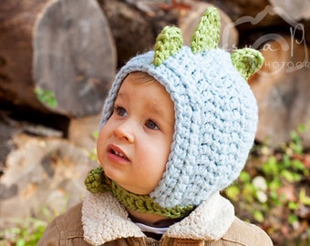 Padrão de crochê # 027 - Padrão de chapéu de crochê de dinossauro, gorro com listra de queixo de dinossauro, chapéu de inverno infantil - tamanho único 2t-4t - tutorial em pdf