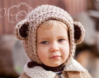 Padrão de crochê # 026 - Padrão de gorro de urso de crochê fácil, gorro com listra de queixo de urso, chapéu de urso de crochê - tamanho único 2t-4t - tutorial em pdf
