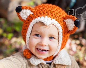 Crochet pattern #028 - Easy Crochet Fox Hat Pattern,Crochet Fox Kids Bonnet,  Fox chin stripe bonnet - One size 2t-4t - pdf tutorial