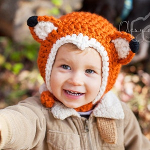 Crochet pattern #028 - Easy Crochet Fox Hat Pattern,Crochet Fox Kids Bonnet,  Fox chin stripe bonnet - One size 2t-4t - pdf tutorial