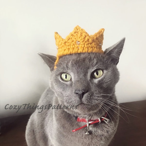 Patrón de ganchillo 059 - Corona para gato, Corona para perro pequeño, Disfraces para mascotas, Disfraz de gato de cumpleaños, Accesorio para fotografía de animales, Gorros para gatos,