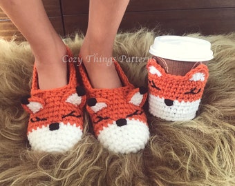 2 Crochet patterns - Women Fox slippers and Fox Coffee Sleeve - pdf tutorial