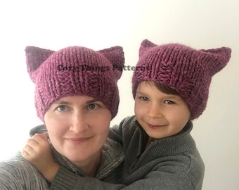 Knitting pattern #043 - Mommy and Me Easy Cat Hat Pattern, Pussyhat Women Knit hat, Cat hat, Knit Kitty Hat Pattern- pdf tutorial