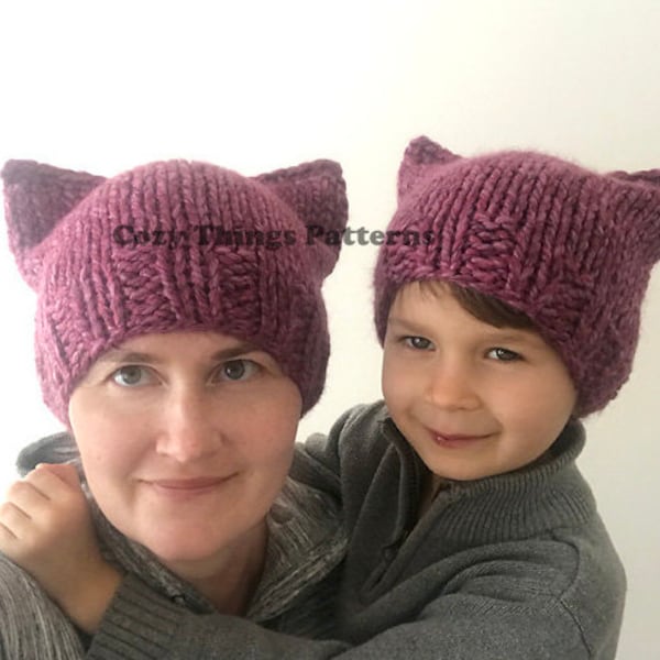Knitting pattern #043 - Mommy and Me Easy Cat Hat Pattern, Pussyhat Women Knit hat, Cat hat, Knit Kitty Hat Pattern- pdf tutorial