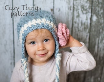 Crochet pattern #021 - Easy Crochet earflap Hat, Crochet Flower hat, Chunky Earflap Hat with rose - pdf tutorial