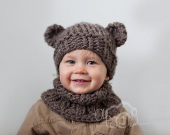 Strickmuster #017 - Chunky Bear Mütze und Schlauchschal, Easy Knit Bärenmütze und Schal, Strickmütze und Schal - pdf Anleitung