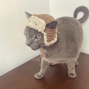 May include: A gray cat wearing a brown and white crocheted aviator hat. The cat is standing on a wooden surface. The text "Cozy Things Patterns" is visible on the surface.