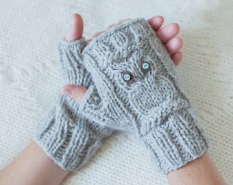 Knitting pattern #037 - Owl Fingerless Gloves Pattern, Owl Knit Fingerless Mittens, Owl gloves Knitting Pattern - pdf tutorial