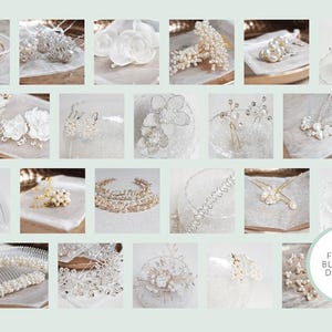 May include: A selection of bridal hair accessories, including headbands, combs, and hairpins. The accessories feature pearls, crystals, and floral designs in white and silver. The image showcases various styles for weddings and special occasions.