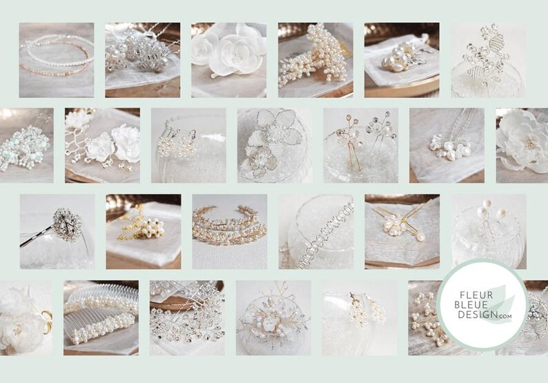 May include: A selection of bridal hair accessories, including headbands, combs, and hairpins. The accessories feature pearls, crystals, and floral designs in white and silver. The image showcases various styles for weddings and special occasions.