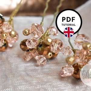 May include: Three hair pins with clusters of peach and gold beads. The beads are arranged on gold wire stems. The image includes a circular graphic with the text "PDF TUTORIAL" and the Union Jack flag.