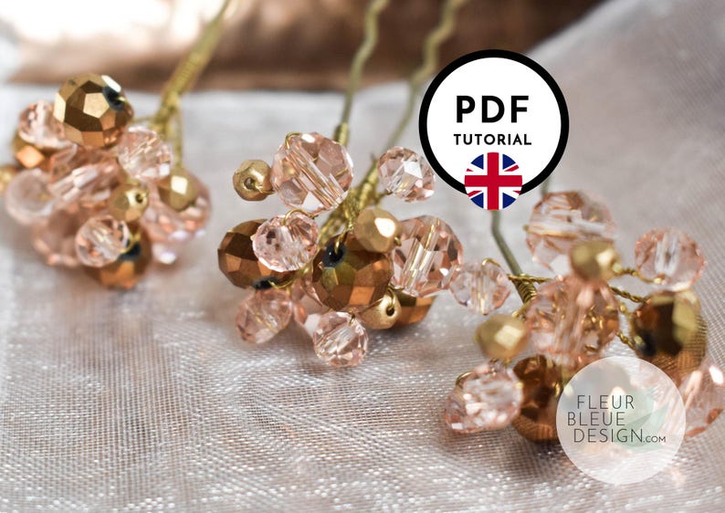 May include: Three hair pins with clusters of peach and gold beads. The beads are arranged on gold wire stems. The image includes a circular graphic with the text "PDF TUTORIAL" and the Union Jack flag.