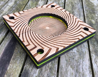 Custom medium sized pocket Top Spin Station for 75mm lens and laser etched detail