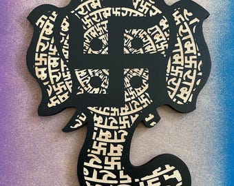 Wooden Calligraphy decorated Ganesh wall art by the great tattooist Matt Manson