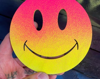 Hand painted acid style smiley wood art