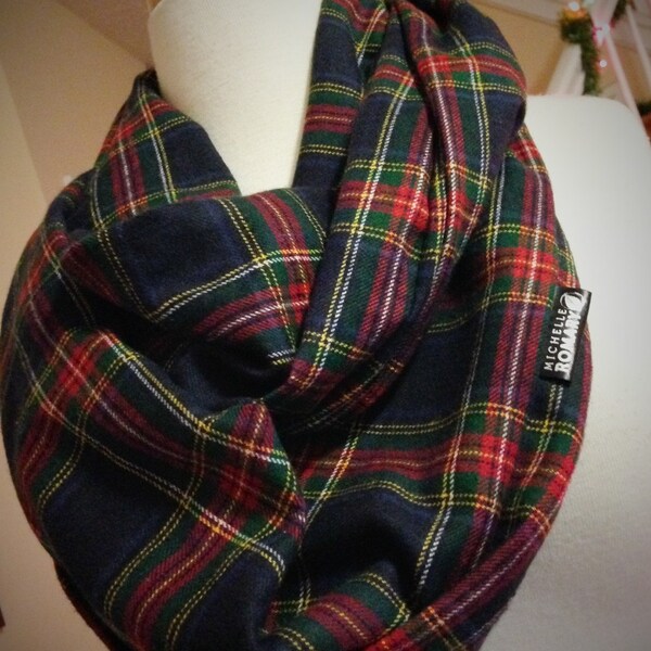 Unisex Navy, Red, Green, & Yellow Royal Stewart Plaid Flannel Infinity Scarf, Circle Scarf