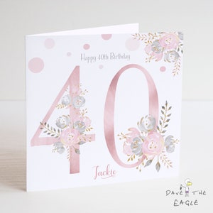 Cartão de aniversário de 40 anos - Personalizado - Blush e dourado - Aniversário de senhoras ou meninas