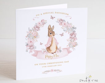 Personalised Christening or Baptism Card - Vintage Bunny Rabbit