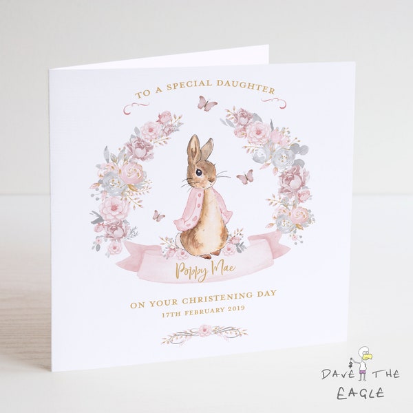 Personalised Christening or Baptism Card - Vintage Bunny Rabbit