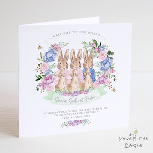 Triplets nieuwe babykaart - jongen en meisje gepersonaliseerd ontwerp met konijnenkonijn