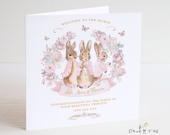 Triplets New Baby Card - Little Girls Personalised Bunny Rabbit Design