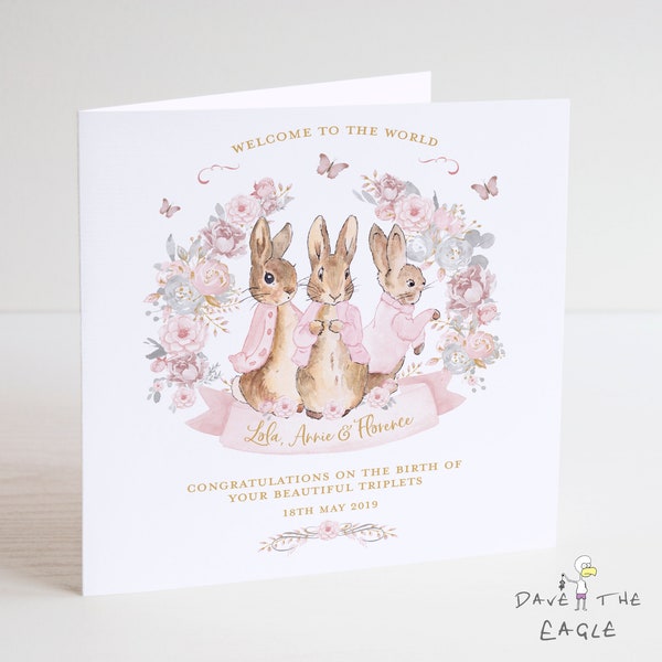 Triplets New Baby Card - Little Girls Personalised Bunny Rabbit Design