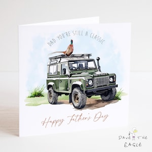 Biglietto d'auguri per la festa del papà con Land Rover classica, guardiacaccia, agricoltura, caccia, per lui, regalo per la festa del papà Defender Farmer