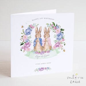 Tarjeta de cumpleaños de gemelos - Diseño personalizado de conejito de niño y niña