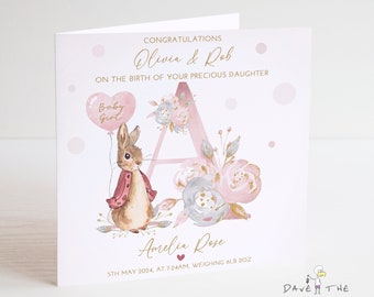 New Baby Girl Card - Welcome to the World - Vintage Bunny Rabbit - Personalised - Name Initial. New Parents.