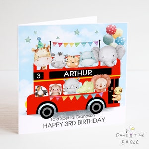 Lustige Bus Geburtstagskarte - Personalisiert - London Bus - Jungle Animals - Party Bus