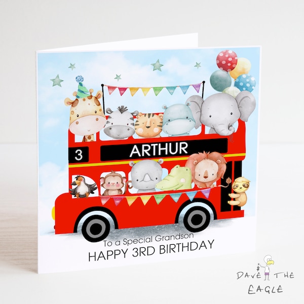 Carte d'anniversaire Fun Bus - Personnalisée - Bus de Londres - Animaux de la jungle - Bus de fête