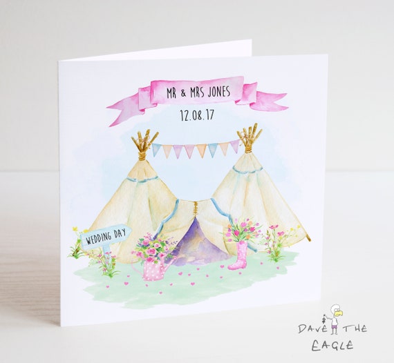 Festival Gummistiefel Hochzeit Karte Tipi Blumen Wimpelkette