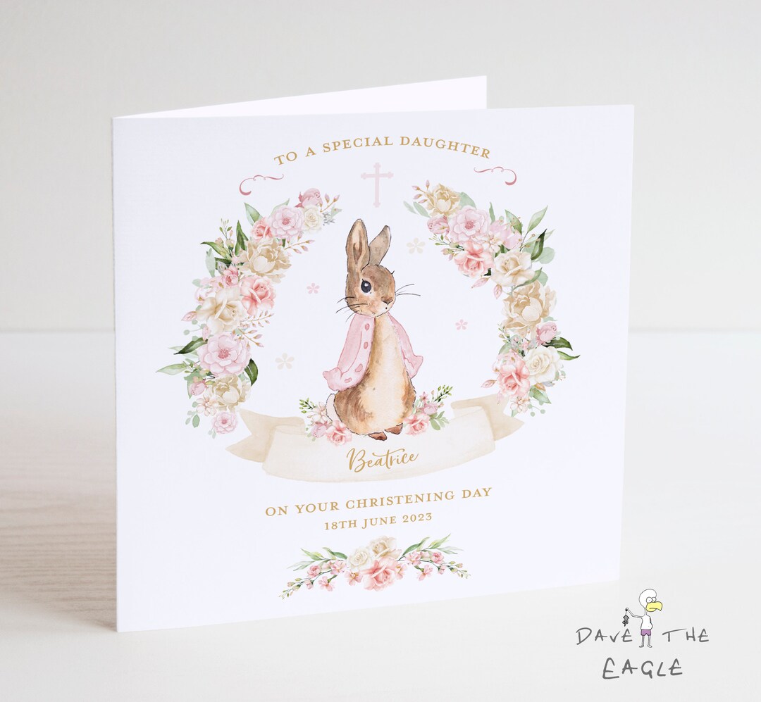 Personalised Christening or Baptism Card Vintage Bunny Rabbit Pink