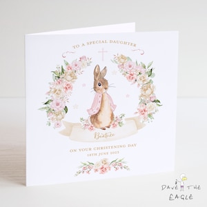 Carte de baptême ou de baptême personnalisée - vintage Bunny Rabbit Pink/Neutral NOUVEAU !