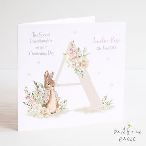 Christening Card A-Z - Girls - Vintage Bunny Rabbit - Personalised Alphabet Card