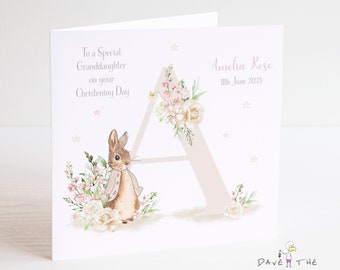 Christening Card A-Z - Girls - Vintage Bunny Rabbit - Personalised Alphabet Card