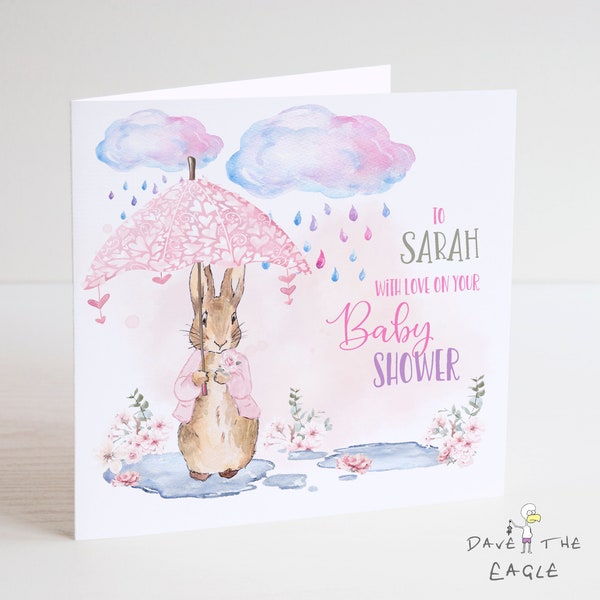 Baby Shower Card - Baby Girl - Personalised Bunny Rabbit Design