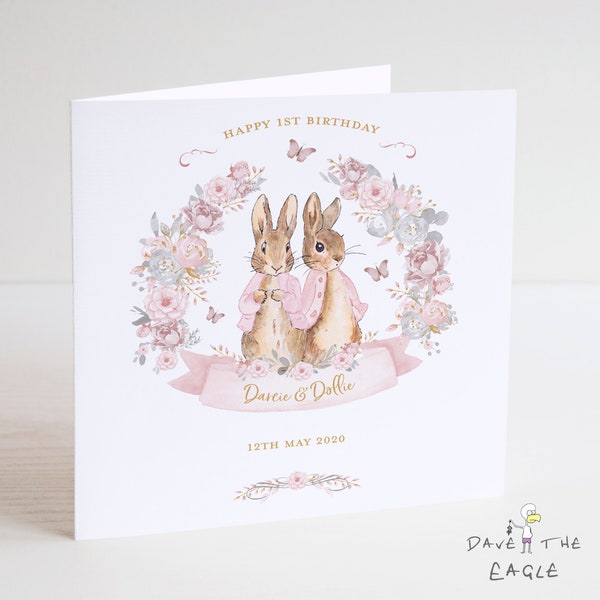 Twins Birthday Card - Baby Girls Personalised Bunny Rabbit Design