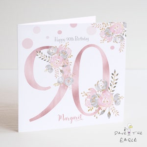 90th Birthday card - Personalised - Blush and Gold - Ladies, Nanna, Grandma Birthday -ANY RELATION