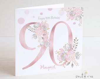 90th Birthday card - Personalised - Blush and Gold - Ladies, Nanna, Grandma Birthday -ANY RELATION